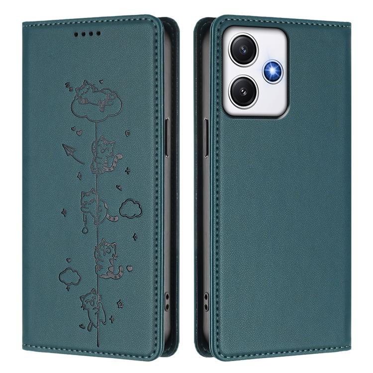 For Redmi 12 4G / 5G / Note 12R Cute Cats Embossed Magnetic RFID Vegan Leather Phone Case