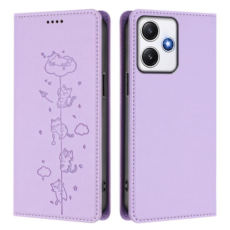 For Redmi 12 4G / 5G / Note 12R Cute Cats Embossed Magnetic RFID Vegan Leather Phone Case