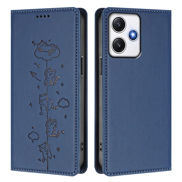 For Redmi 12 4G / 5G / Note 12R Cute Cats Embossed Magnetic RFID Vegan Leather Phone Case