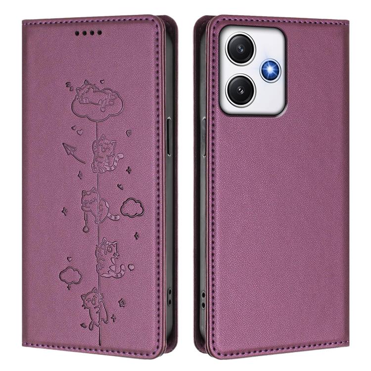 For Redmi 12 4G / 5G / Note 12R Cute Cats Embossed Magnetic RFID Vegan Leather Phone Case