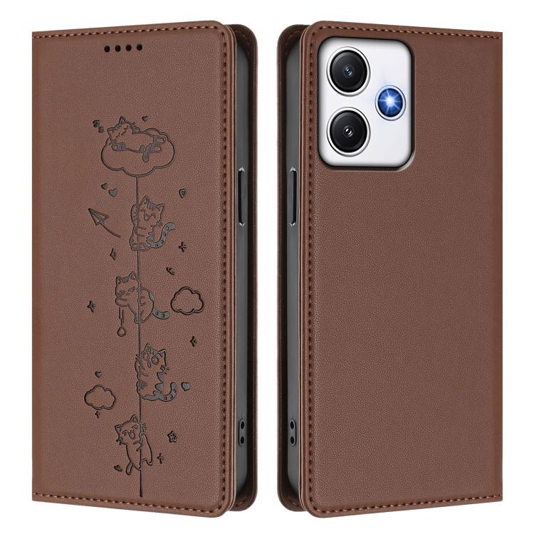 For Redmi 12 4G / 5G / Note 12R Cute Cats Embossed Magnetic RFID Vegan Leather Phone Case
