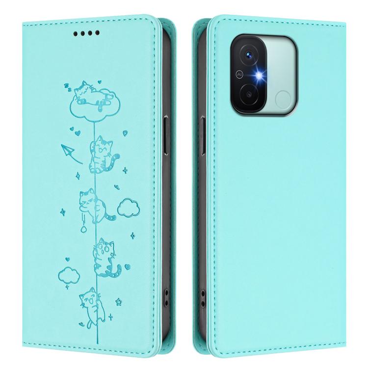 For Redmi 11A / 12C / Xiaomi Poco C55 Cute Cats Embossed Magnetic RFID Vegan Leather Phone Case
