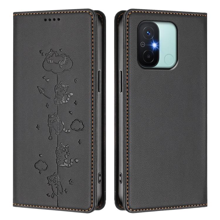 For Redmi 11A / 12C / Xiaomi Poco C55 Cute Cats Embossed Magnetic RFID Vegan Leather Phone Case