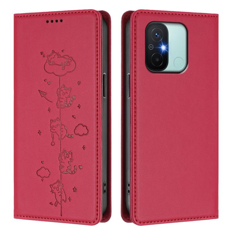 For Redmi 11A / 12C / Xiaomi Poco C55 Cute Cats Embossed Magnetic RFID Vegan Leather Phone Case