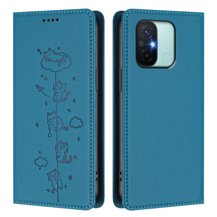 For Redmi 11A / 12C / Xiaomi Poco C55 Cute Cats Embossed Magnetic RFID Vegan Leather Phone Case