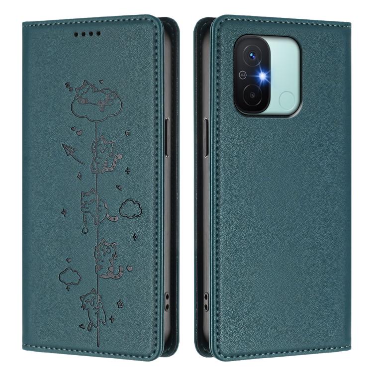 For Redmi 11A / 12C / Xiaomi Poco C55 Cute Cats Embossed Magnetic RFID Vegan Leather Phone Case