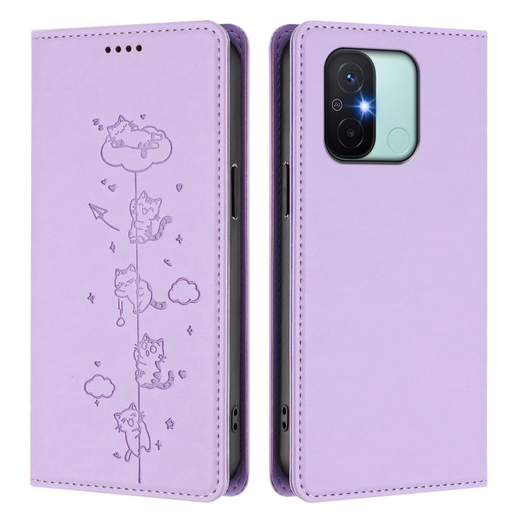 For Redmi 11A / 12C / Xiaomi Poco C55 Cute Cats Embossed Magnetic RFID Vegan Leather Phone Case