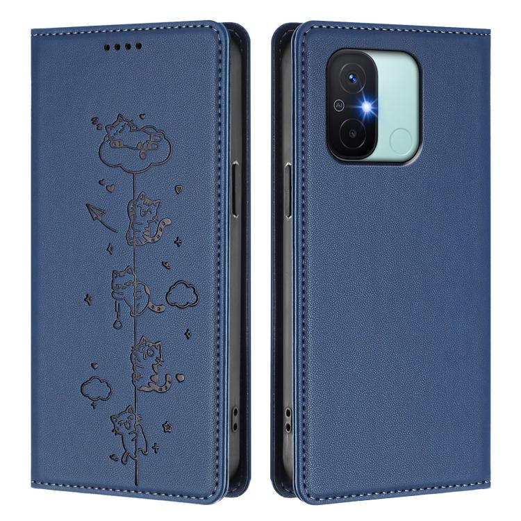 For Redmi 11A / 12C / Xiaomi Poco C55 Cute Cats Embossed Magnetic RFID Vegan Leather Phone Case