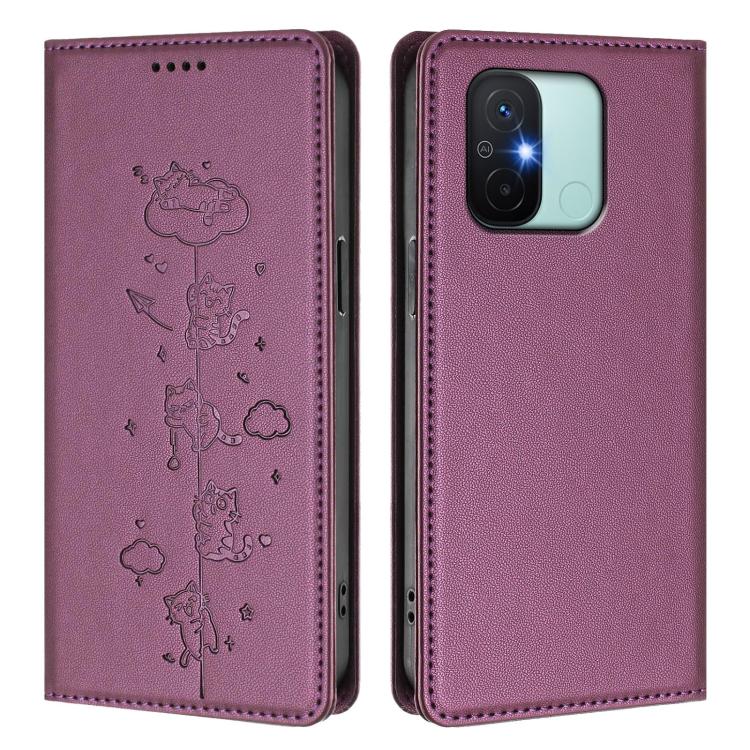 For Redmi 11A / 12C / Xiaomi Poco C55 Cute Cats Embossed Magnetic RFID Vegan Leather Phone Case