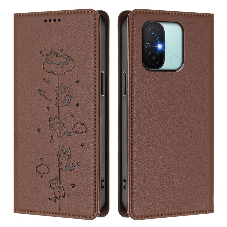 For Redmi 11A / 12C / Xiaomi Poco C55 Cute Cats Embossed Magnetic RFID Vegan Leather Phone Case