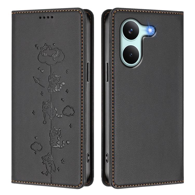 For Redmi Turbo 5 5G / Poco X8 Pro 5G Cute Cats Embossed Magnetic RFID Vegan Leather Phone Case