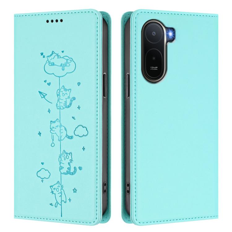 For Redmi A7 Pro 4G / 5G 171mm / Poco C85x 5G Cute Cats Embossed Magnetic RFID Vegan Leather Phone Case