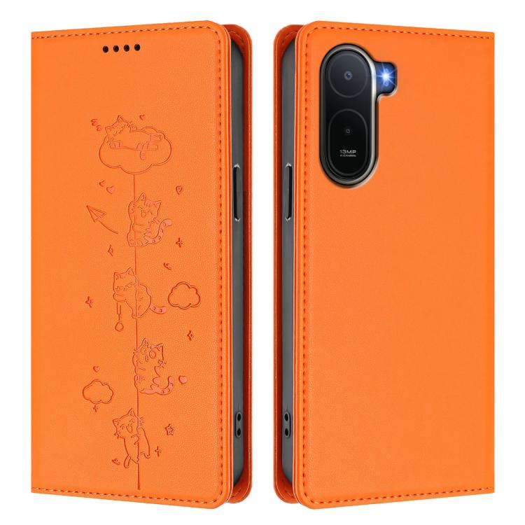 For Redmi A7 Pro 4G / 5G 171mm / Poco C85x 5G Cute Cats Embossed Magnetic RFID Vegan Leather Phone Case