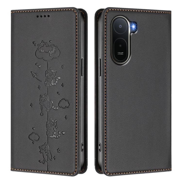 For Redmi A7 Pro 4G / 5G 171mm / Poco C85x 5G Cute Cats Embossed Magnetic RFID Vegan Leather Phone Case