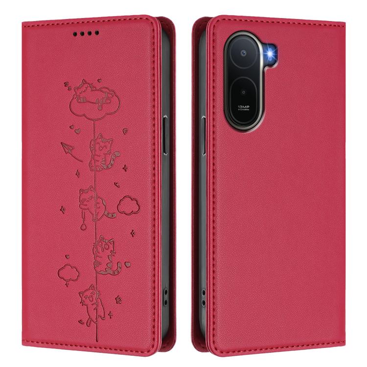 For Redmi A7 Pro 4G / 5G 171mm / Poco C85x 5G Cute Cats Embossed Magnetic RFID Vegan Leather Phone Case