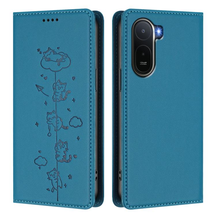 For Redmi A7 Pro 4G / 5G 171mm / Poco C85x 5G Cute Cats Embossed Magnetic RFID Vegan Leather Phone Case