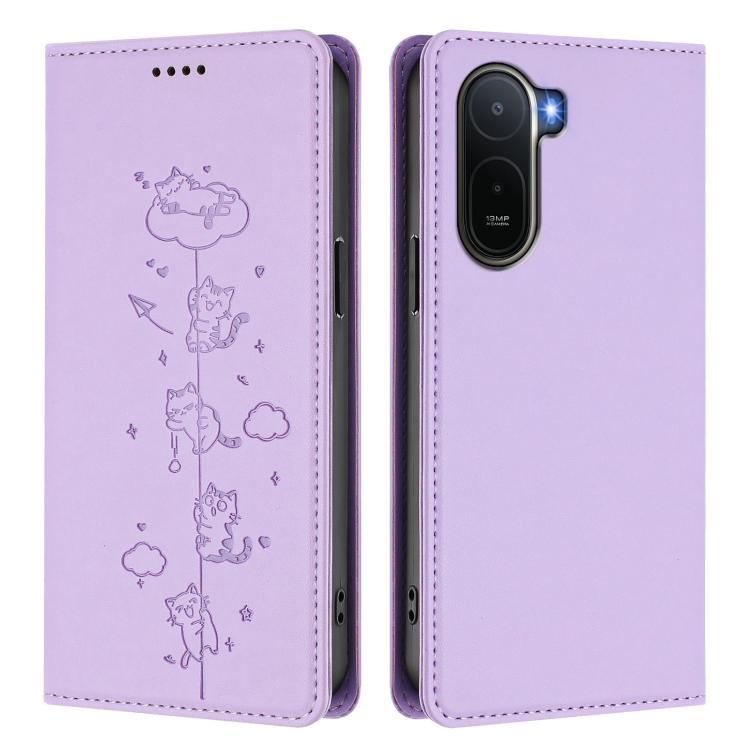 For Redmi A7 Pro 4G / 5G 171mm / Poco C85x 5G Cute Cats Embossed Magnetic RFID Vegan Leather Phone Case