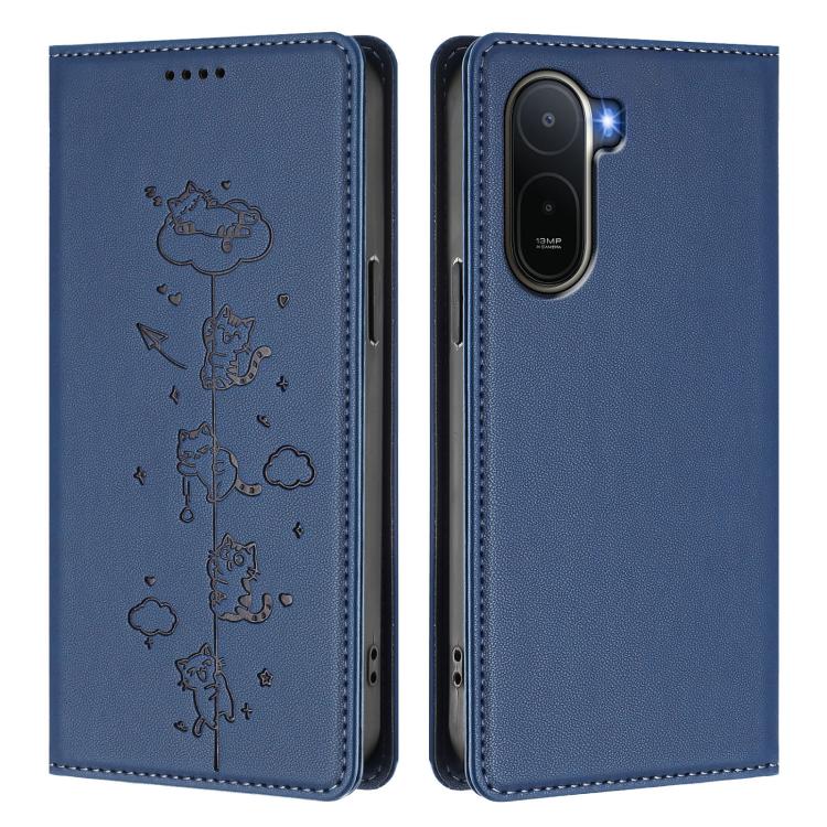 For Redmi A7 Pro 4G / 5G 171mm / Poco C85x 5G Cute Cats Embossed Magnetic RFID Vegan Leather Phone Case