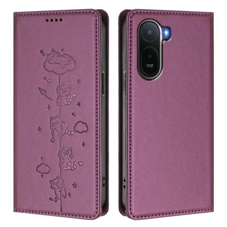 For Redmi A7 Pro 4G / 5G 171mm / Poco C85x 5G Cute Cats Embossed Magnetic RFID Vegan Leather Phone Case