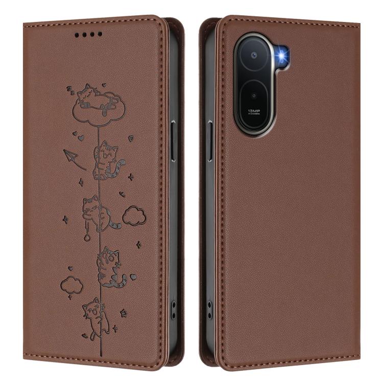 For Redmi A7 Pro 4G / 5G 171mm / Poco C85x 5G Cute Cats Embossed Magnetic RFID Vegan Leather Phone Case