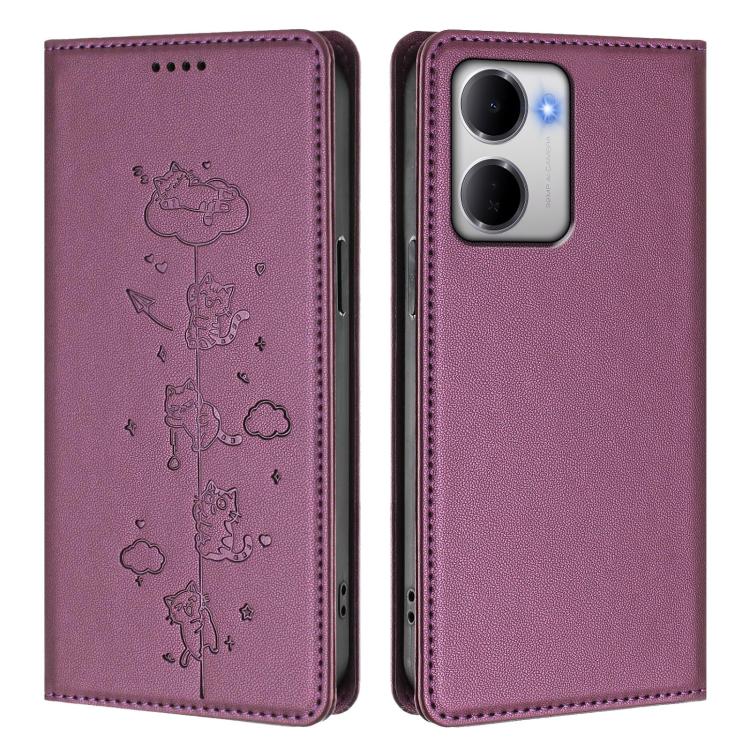 For Redmi 15a 5G Cute Cats Embossed Magnetic RFID Vegan Leather Phone Case