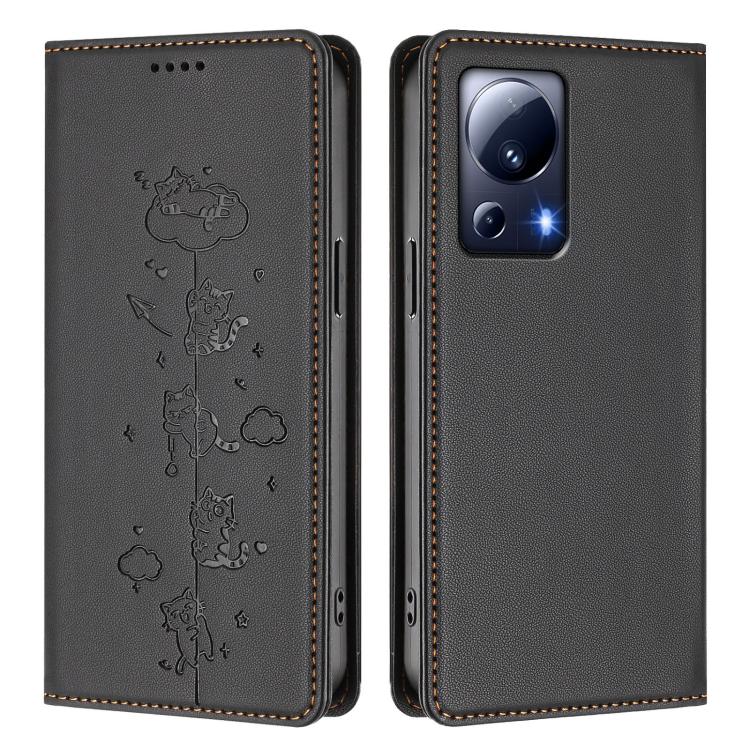 For Xiaomi 13 Lite / Civi 2 Cute Cats Embossed Magnetic RFID Vegan Leather Phone Case