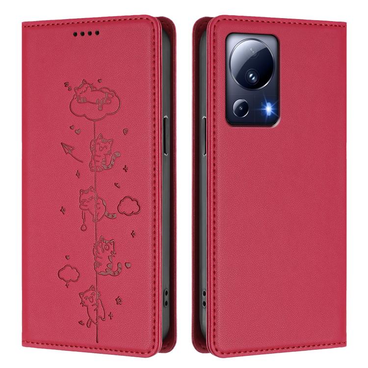 For Xiaomi 13 Lite / Civi 2 Cute Cats Embossed Magnetic RFID Vegan Leather Phone Case
