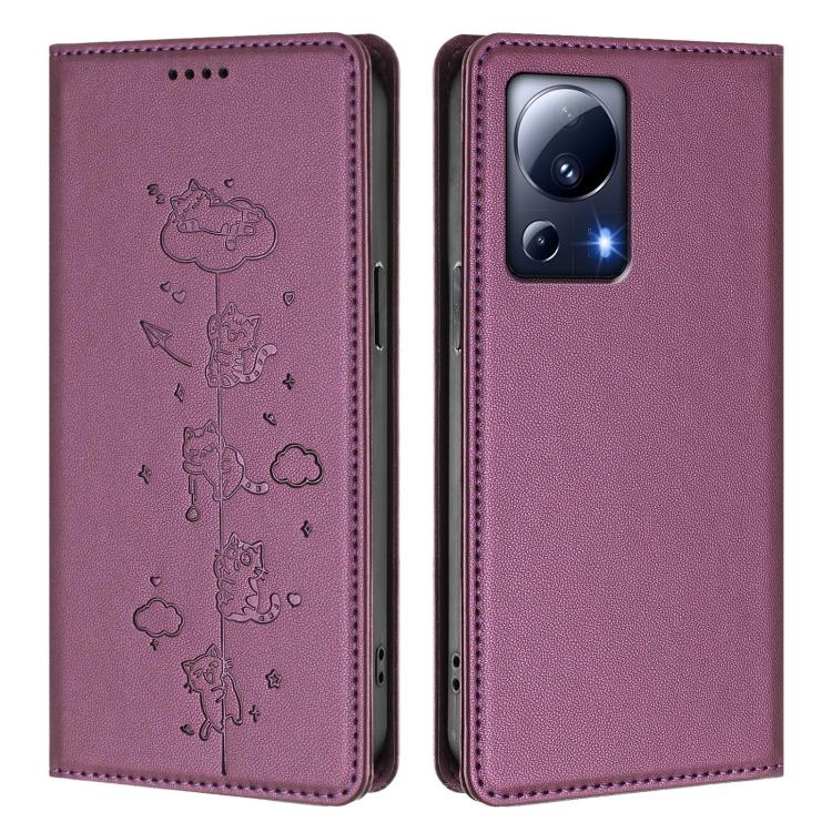 For Xiaomi 13 Lite / Civi 2 Cute Cats Embossed Magnetic RFID Vegan Leather Phone Case