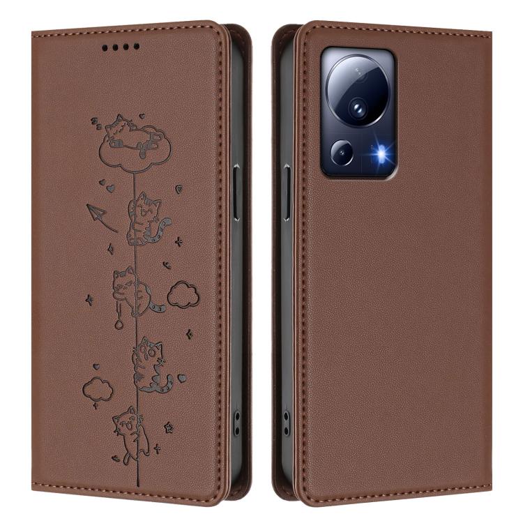 For Xiaomi 13 Lite / Civi 2 Cute Cats Embossed Magnetic RFID Vegan Leather Phone Case