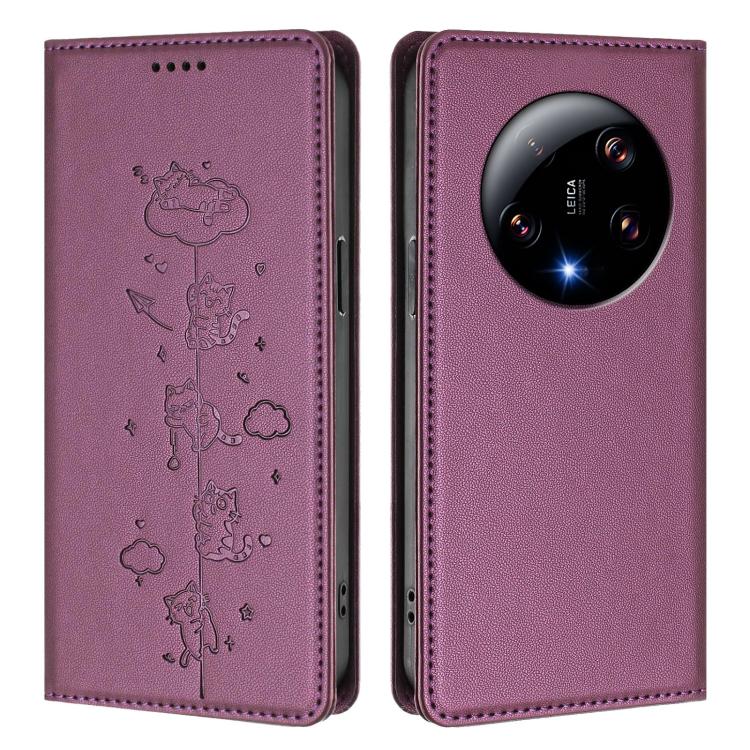 For Xiaomi 13 Ultra Cute Cats Embossed Magnetic RFID Vegan Leather Phone Case