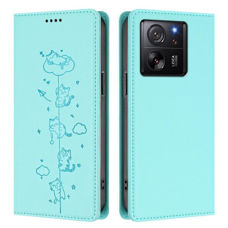 For Xiaomi 13T / 13T Pro / Redmi K60 Ultra Cute Cats Embossed Magnetic RFID Vegan Leather Phone Case
