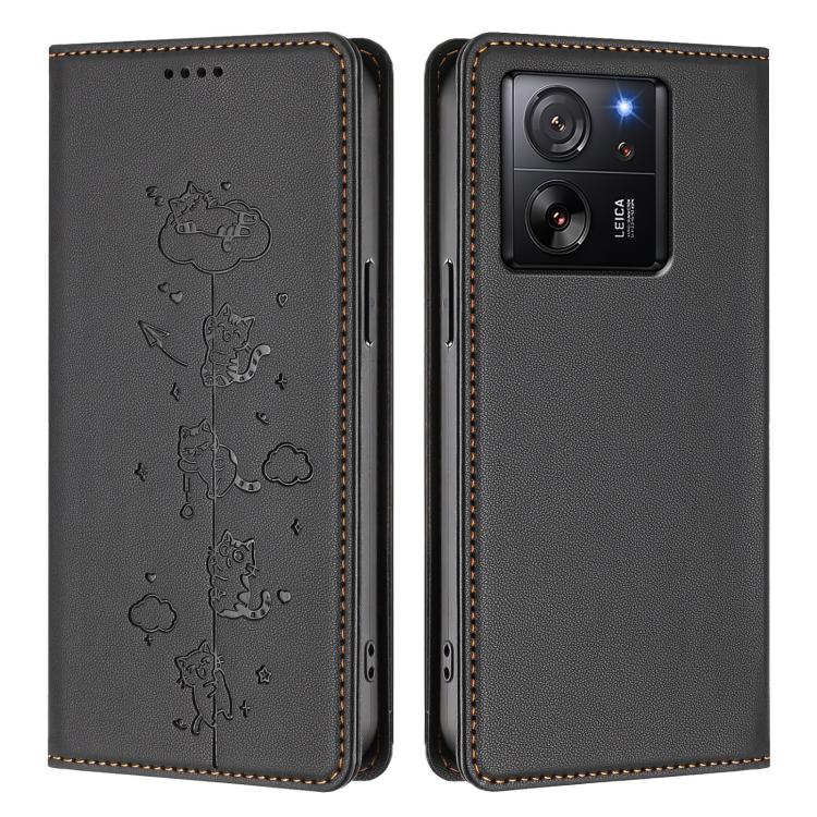 For Xiaomi 13T / 13T Pro / Redmi K60 Ultra Cute Cats Embossed Magnetic RFID Vegan Leather Phone Case