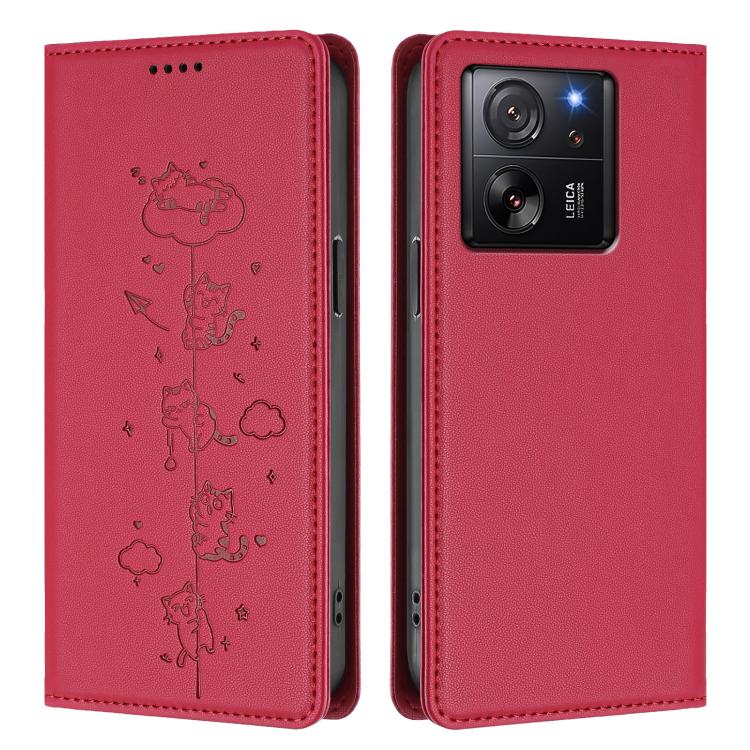 For Xiaomi 13T / 13T Pro / Redmi K60 Ultra Cute Cats Embossed Magnetic RFID Vegan Leather Phone Case