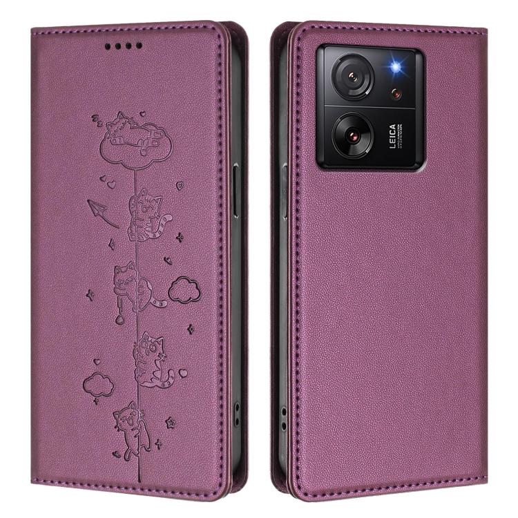 For Xiaomi 13T / 13T Pro / Redmi K60 Ultra Cute Cats Embossed Magnetic RFID Vegan Leather Phone Case