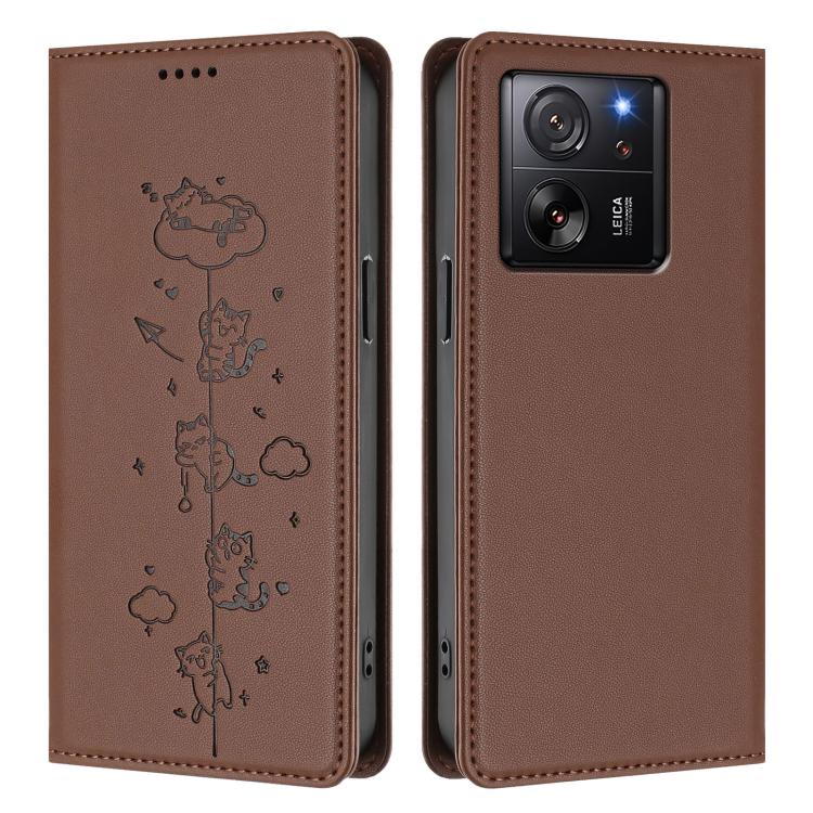 For Xiaomi 13T / 13T Pro / Redmi K60 Ultra Cute Cats Embossed Magnetic RFID Vegan Leather Phone Case