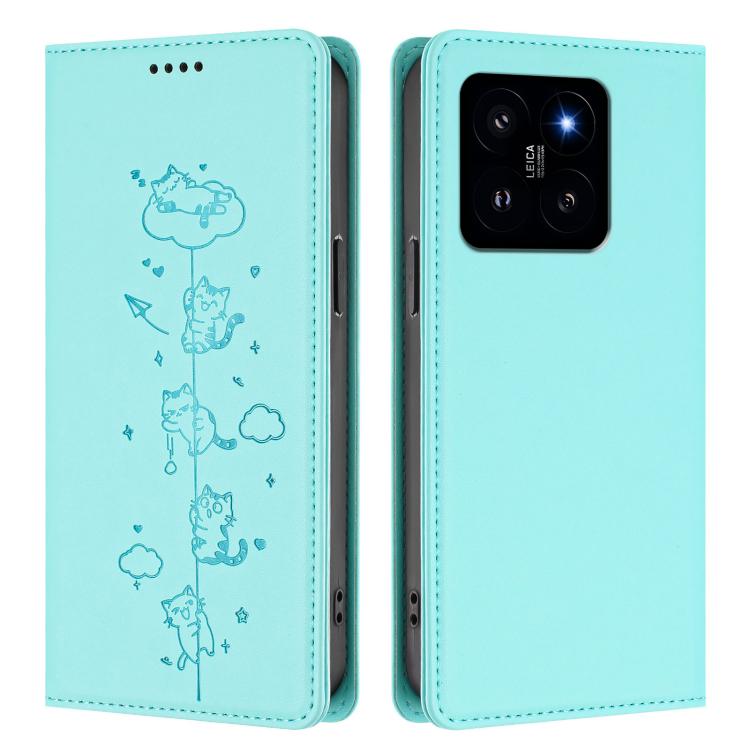 For Xiaomi 14 Cute Cats Embossed Magnetic RFID Vegan Leather Phone Case