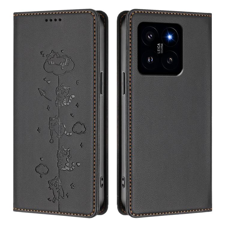 For Xiaomi 14 Cute Cats Embossed Magnetic RFID Vegan Leather Phone Case