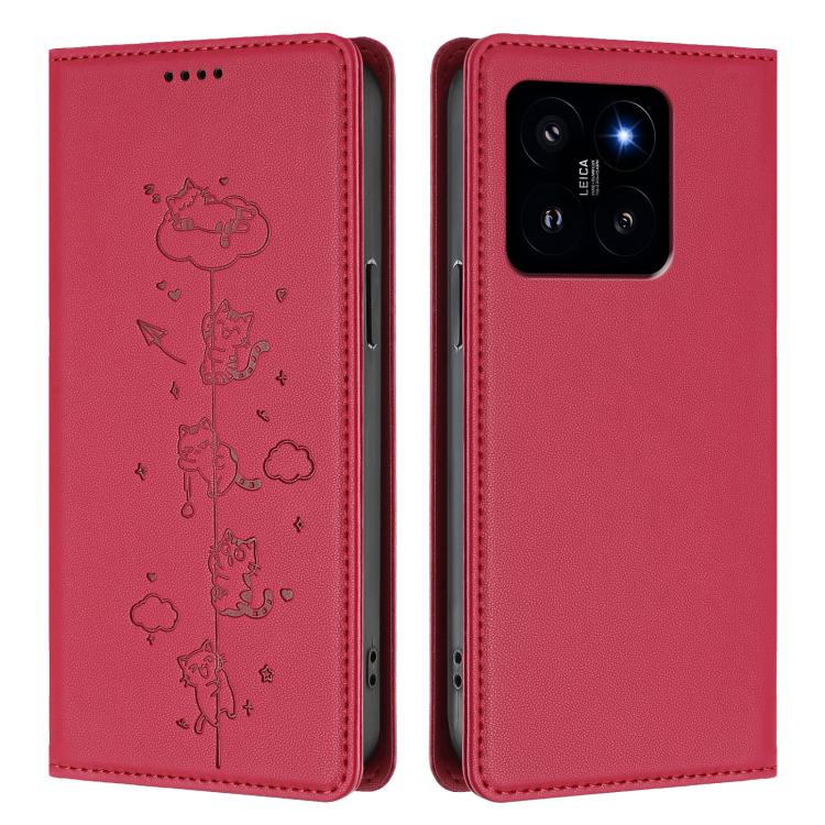 For Xiaomi 14 Cute Cats Embossed Magnetic RFID Vegan Leather Phone Case