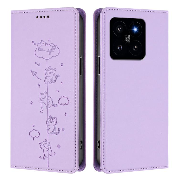 For Xiaomi 14 Cute Cats Embossed Magnetic RFID Vegan Leather Phone Case