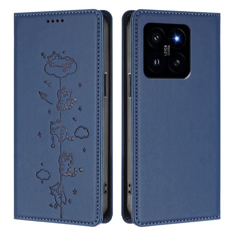 For Xiaomi 14 Cute Cats Embossed Magnetic RFID Vegan Leather Phone Case