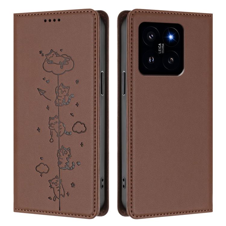 For Xiaomi 14 Cute Cats Embossed Magnetic RFID Vegan Leather Phone Case