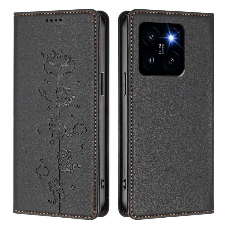 For Xiaomi 14 Pro Cute Cats Embossed Magnetic RFID Vegan Leather Phone Case