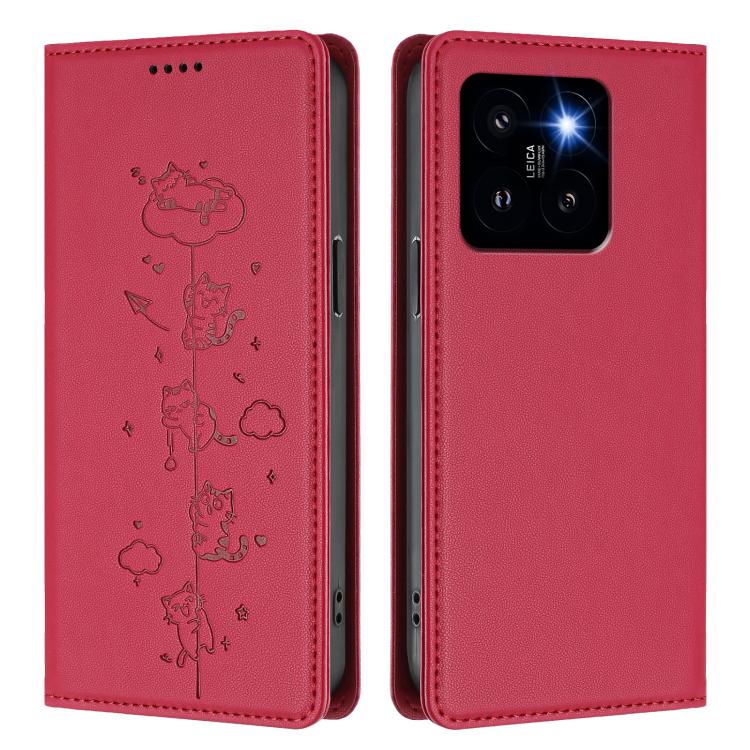 For Xiaomi 14 Pro Cute Cats Embossed Magnetic RFID Vegan Leather Phone Case