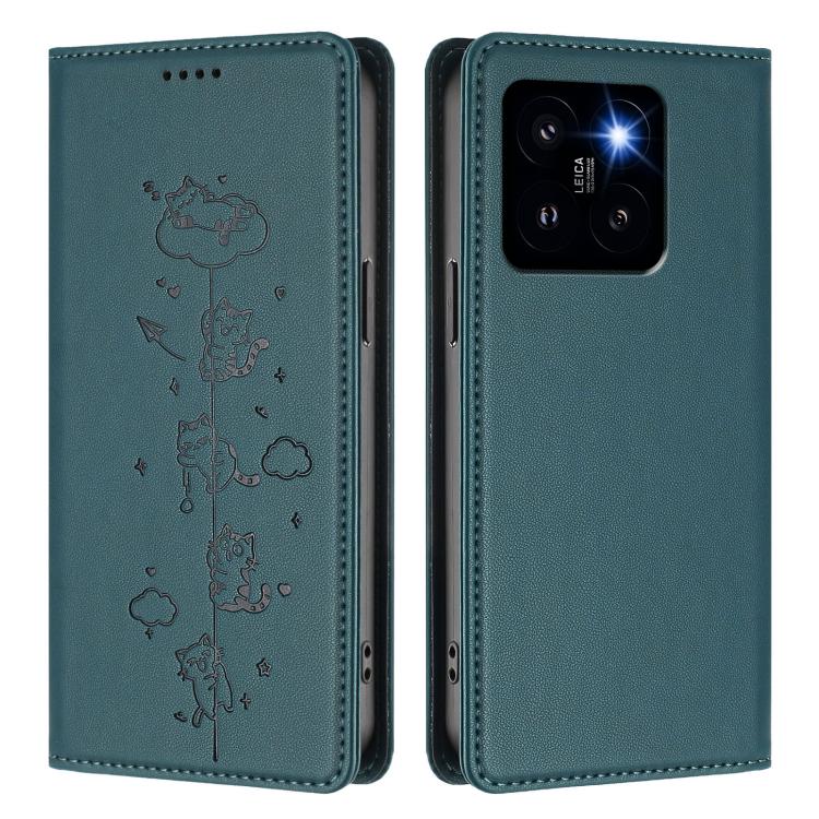 For Xiaomi 14 Pro Cute Cats Embossed Magnetic RFID Vegan Leather Phone Case