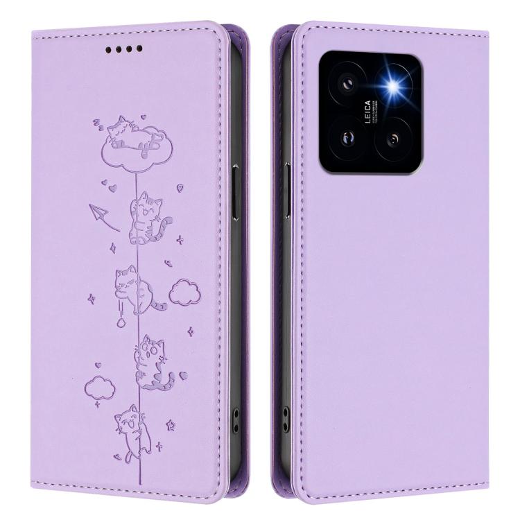 For Xiaomi 14 Pro Cute Cats Embossed Magnetic RFID Vegan Leather Phone Case