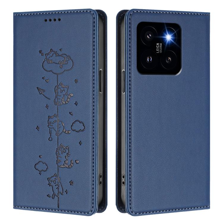 For Xiaomi 14 Pro Cute Cats Embossed Magnetic RFID Vegan Leather Phone Case