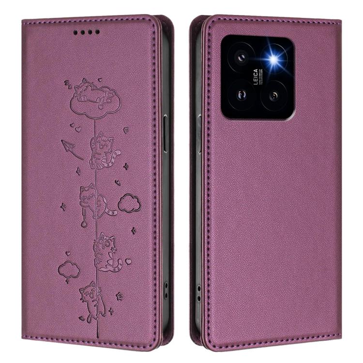 For Xiaomi 14 Pro Cute Cats Embossed Magnetic RFID Vegan Leather Phone Case