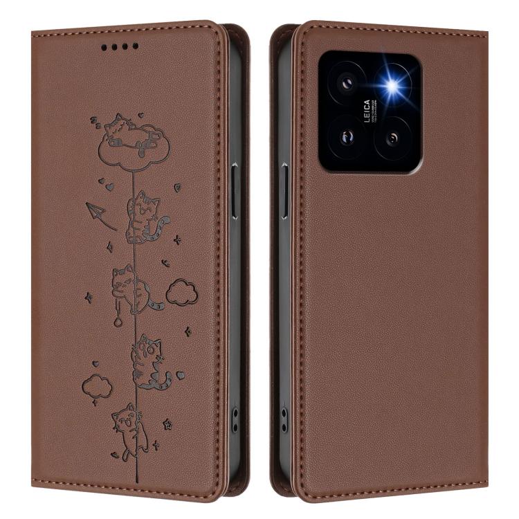 For Xiaomi 14 Pro Cute Cats Embossed Magnetic RFID Vegan Leather Phone Case
