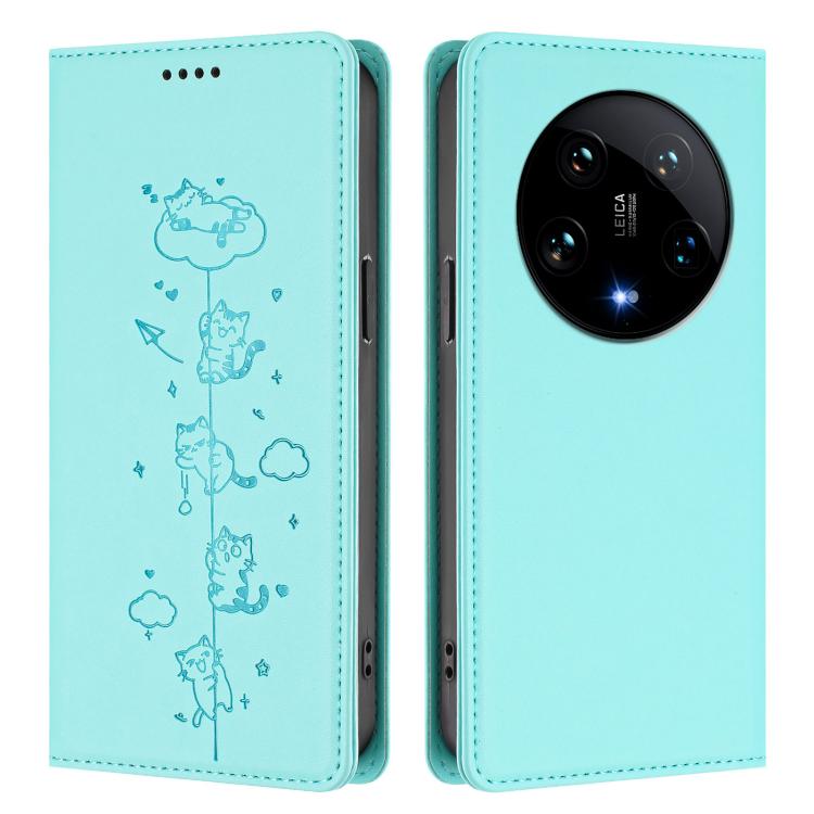 For Xiaomi 14 Ultra Cute Cats Embossed Magnetic RFID Vegan Leather Phone Case