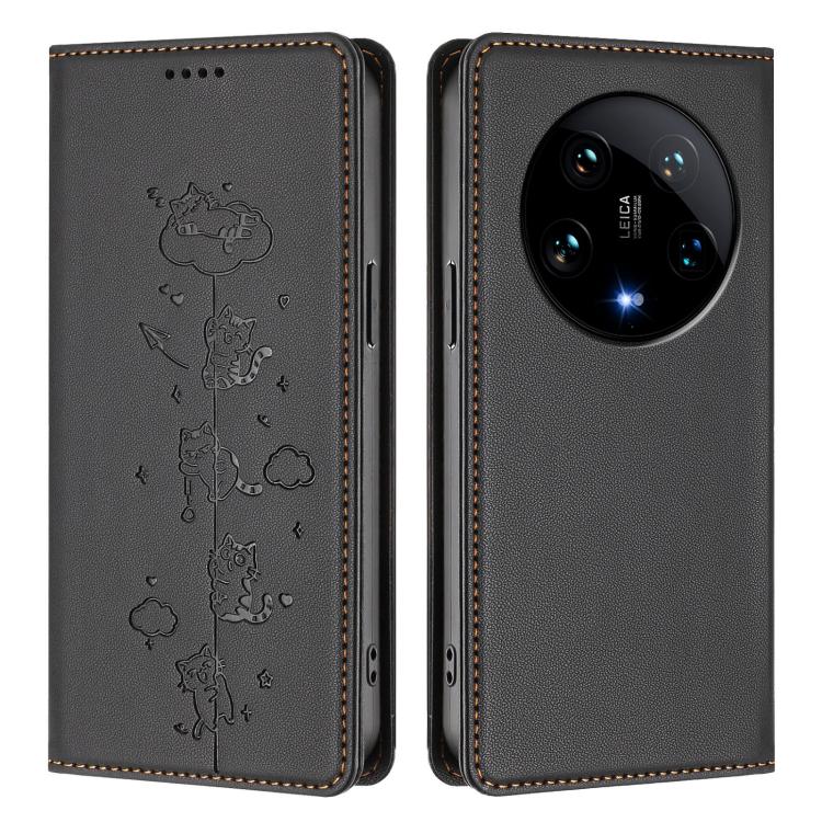 For Xiaomi 14 Ultra Cute Cats Embossed Magnetic RFID Vegan Leather Phone Case